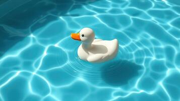 Floating white rubber duck glides across sparkling blue water in a sunny pool setting photo
