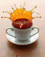 Coffee splash creates dynamic moment in a white cup on wooden table photo