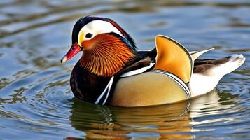 Stunning mandarin duck gliding peacefully on serene water surface in natural habitat during bright daylight photo