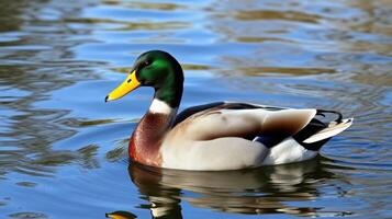Duck swimming gracefully in a serene pond during a sunny afternoon photo