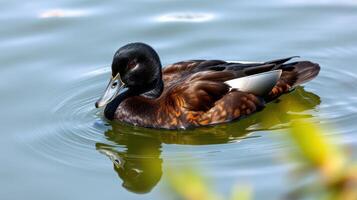 Duck swimming gracefully in calm waters with ripples on the surface during a sunny day in the park photo
