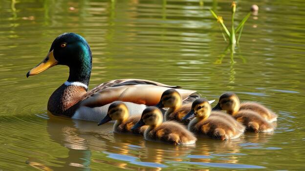 Mother duck swimming with her ducklings in a serene pond during midday photo