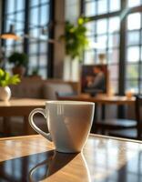 Warm cup of coffee on a wooden table in a sunlit cafe with large windows and a cozy atmosphere photo