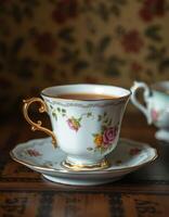 Elegant floral teacup and saucer displayed on a vintage wooden table with intricate detailing photo