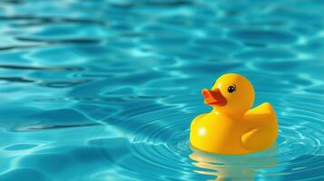 Bright yellow rubber duck floating on calm blue water in a summer pool setting photo