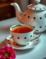 Enjoying a warm cup of tea with a charming polka dot teapot and blooming flower photo