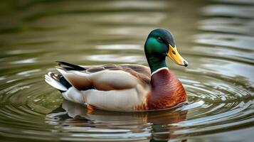 Mallard duck gracefully swimming in calm water with circular ripples at a tranquil pond photo