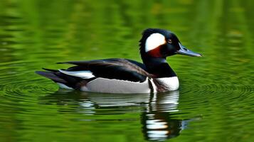 Brightly colored duck swimming gracefully in a serene green pond during daylight photo