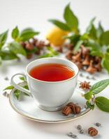 Warm cup of herbal tea surrounded by fresh herbs and citrus in a serene setting photo