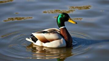 Mallard duck swimming serenely across a calm pond during a sunny afternoon in early spring photo