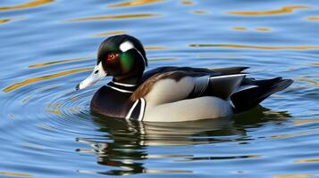 Male harlequin duck swimming in calm waters with vibrant reflections at sunset photo