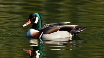 Colorful duck swims gracefully on a serene lake during a sunny afternoon in early spring photo