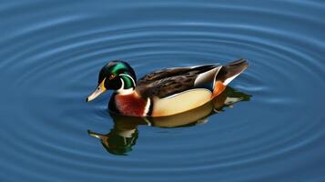 Colorful duck swimming gracefully in calm water surrounded by gentle ripples during daylight photo
