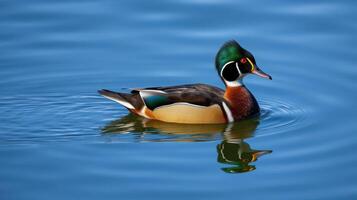 Male mandarin duck swimming gracefully in a serene lake during daylight hours showcasing vibrant colors and reflections photo