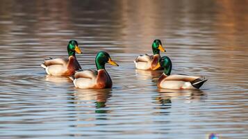 Four mallard ducks swimming gracefully in a serene lake during golden hour photo