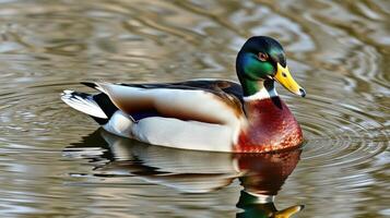 Mallard duck swimming gracefully on a serene lake during a quiet afternoon photo