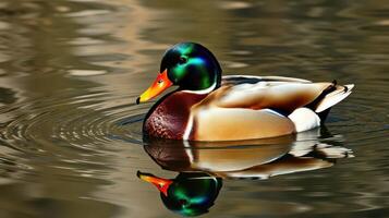 Mallard duck glides serenely across tranquil water reflecting vibrant colors of nature photo