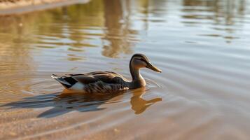 Mallard duck swimming calmly in a serene pond during a sunny afternoon near urban nature reserve photo