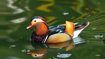 Mandarin duck swimming peacefully in a serene pond surrounded by lush greenery photo