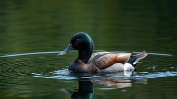 Duck swimming calmly in a serene pond during daylight surrounded by lush greenery photo