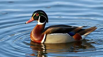 Wood duck swimming gracefully on a serene lake with rippling waters during the golden hour of sunset photo