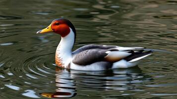 Colorful duck swimming gracefully in a calm pond reflecting nature's beauty during the day photo