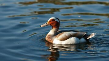 Colorful duck swimming in a serene lake during early morning light with gentle ripples photo