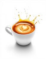 Coffee cup with latte art and splash effect captures the essence of fresh brews at a morning cafe photo