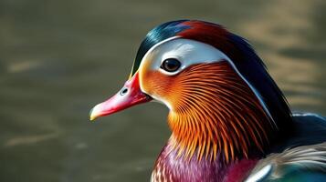Colorful mandarin duck swimming in a tranquil pond showcasing vibrant plumage and intricate details photo