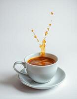 Coffee splashing out of a white cup on a plain background captures the essence of espresso enjoyment photo