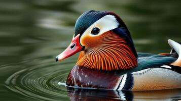 Colorful mandarin duck swimming in still waters with soft ripples on a calm day photo