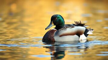 Male duck swimming gracefully in a tranquil pond surrounded by autumn colors photo
