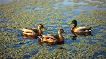 Ducks swimming peacefully in a serene pond surrounded by green algae under golden sunlight photo