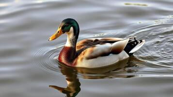 Colorful duck swimming gracefully in a serene lake during daylight hours photo