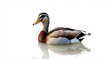 Colorful mallard duck swimming gracefully in tranquil water against a white background photo