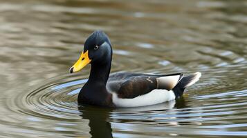 Mallard duck swimming peacefully in a calm pond during a sunny afternoon photo