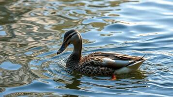 Duck swimming peacefully in shimmering water during a sunny afternoon in a tranquil park setting photo