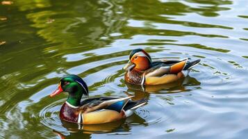 Ducks swimming gracefully in a serene pond surrounded by lush greenery during a sunny afternoon photo