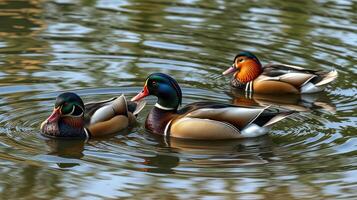 Colorful wood ducks swim gracefully on a serene pond surrounded by soft ripples at sunset photo