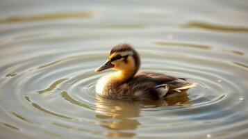 Duckling swims in calm water creating ripples on a sunny day near the shore photo