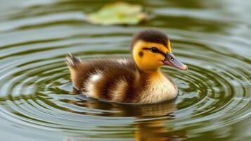 Young duckling swims gracefully in calm pond during sunny day, showcasing its vibrant feathers and rippling water effects photo