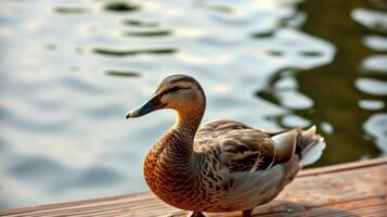 Duck standing by a serene water surface in a calm lakeside setting during golden hour photo