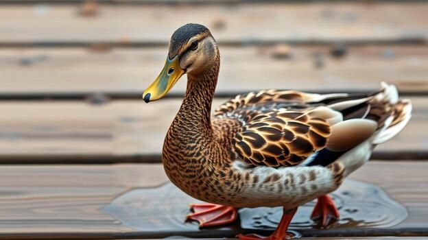 Duck wades through shallow water on a wooden dock in a peaceful natural setting during a sunny day photo