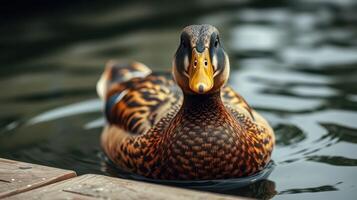 Duck gracefully swims on a calm lake while showcasing beautiful feather patterns and vibrant colors photo