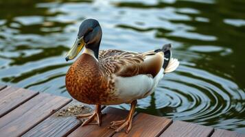 Duck stands by the wooden dock near calm waters and rippling reflections in a serene outdoor setting photo