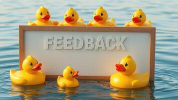 Colorful rubber ducks floating on water showcasing a feedback sign in a playful outdoor setting photo