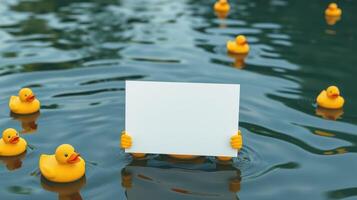 Floating rubber ducks in a tranquil pond with hands holding a blank sign photo