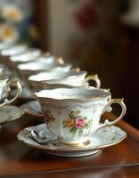 Elegant porcelain tea cups arranged on a wooden table in a cozy tea room with a vintage atmosphere photo