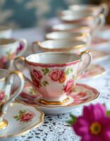 Elegant tea cups on lace tablecloth adorned with roses create a charming setting for afternoon tea gathering photo