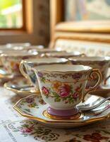 Elegant tea set displayed at a cozy afternoon gathering with floral patterns and intricate designs photo